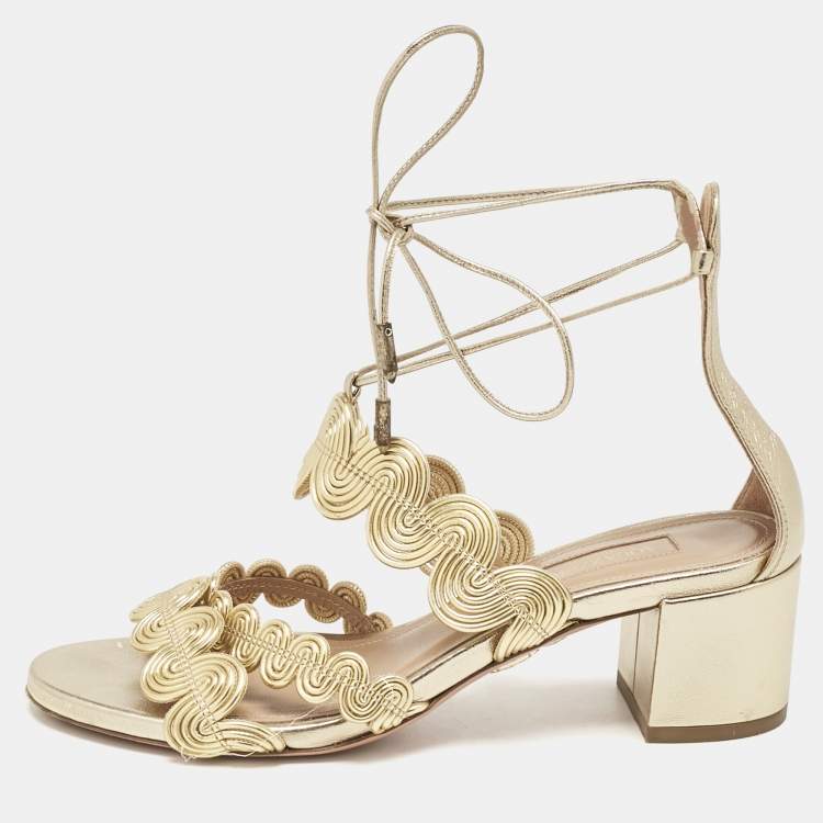 Pre Owned Aquazzura Gold Leather Ankle Strap Sandals Size 35.5