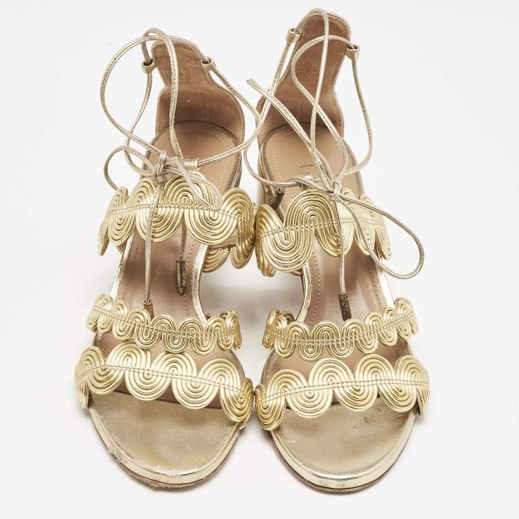 Pre Owned Aquazzura Gold Leather Ankle Strap Sandals Size 35.5