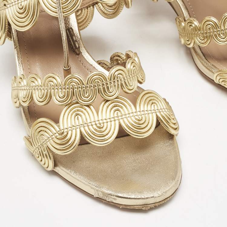 Pre Owned Aquazzura Gold Leather Ankle Strap Sandals Size 35.5