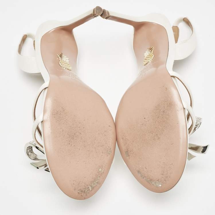 Pre Owned Aquazzura White Satin Bow Embellished Babe Slingback Sandals Size 36
