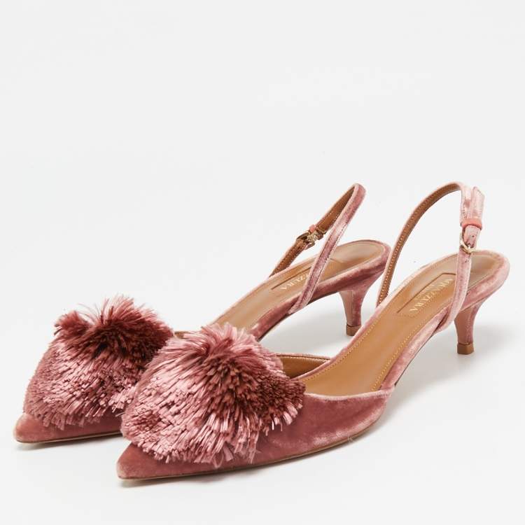 Pre Owned Aquazzura Pink Velvet Powder Puff Slingback Pumps Size 36.5
