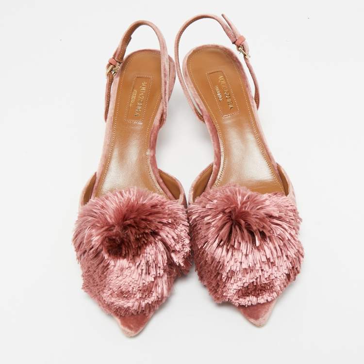Pre Owned Aquazzura Pink Velvet Powder Puff Slingback Pumps Size 36.5