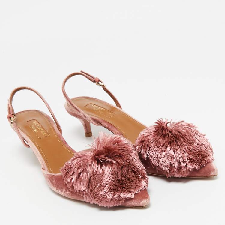Pre Owned Aquazzura Pink Velvet Powder Puff Slingback Pumps Size 36.5