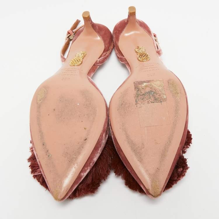Pre Owned Aquazzura Pink Velvet Powder Puff Slingback Pumps Size 36.5