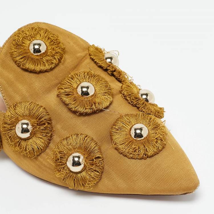 Pre Owned Aquazzura Yellow Fabric Sunflower Pointed Toe Flat Mules Size 38