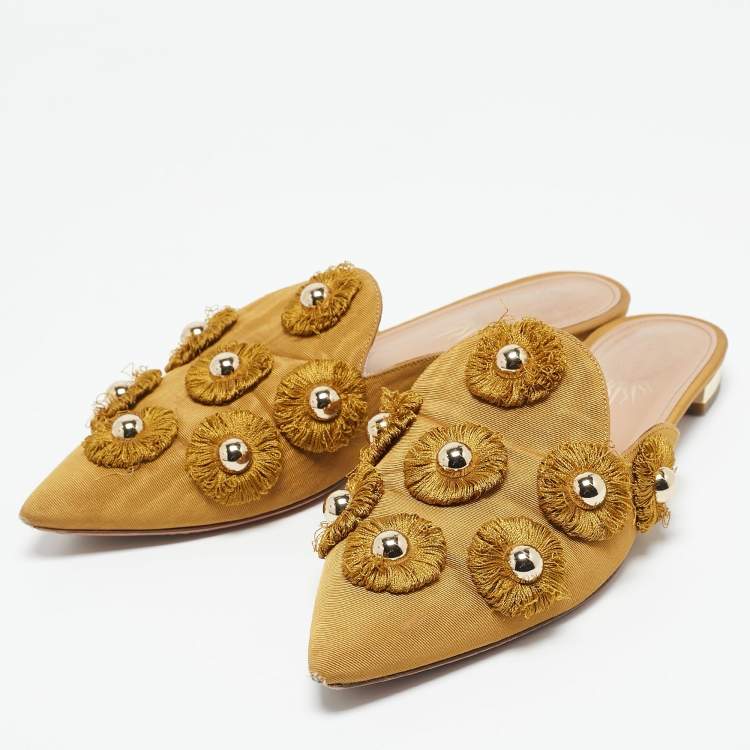 Pre Owned Aquazzura Yellow Fabric Sunflower Pointed Toe Flat Mules Size 38