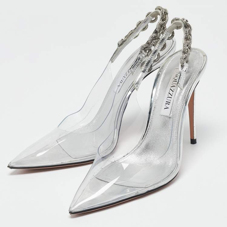 Pre Owned Aquazzura Transparent PVC Crystal Embellished Love Link Pumps Size 38