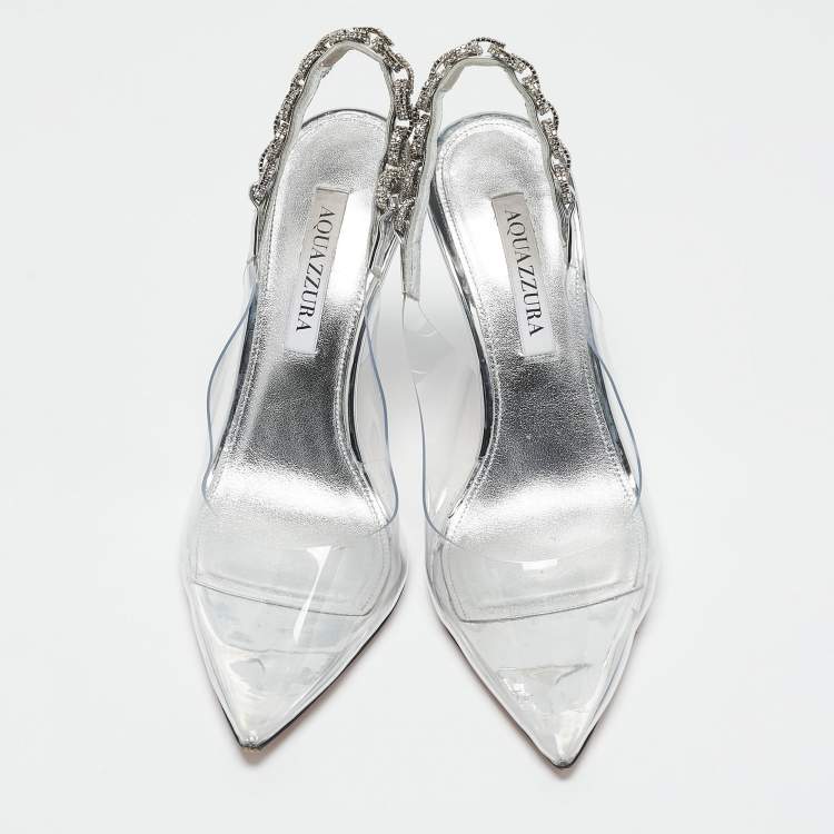 Pre Owned Aquazzura Transparent PVC Crystal Embellished Love Link Pumps Size 38