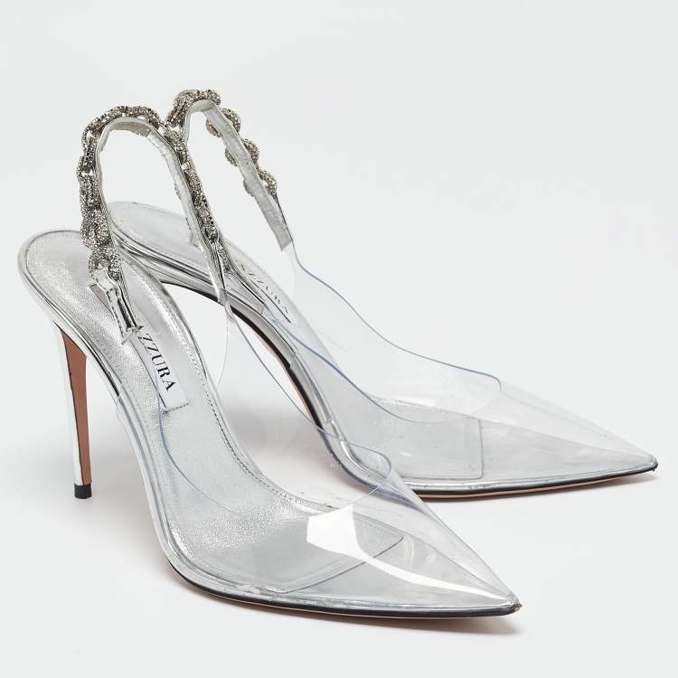 Pre Owned Aquazzura Transparent PVC Crystal Embellished Love Link Pumps Size 38