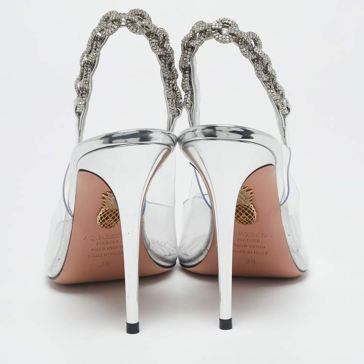 Pre Owned Aquazzura Transparent PVC Crystal Embellished Love Link Pumps Size 38
