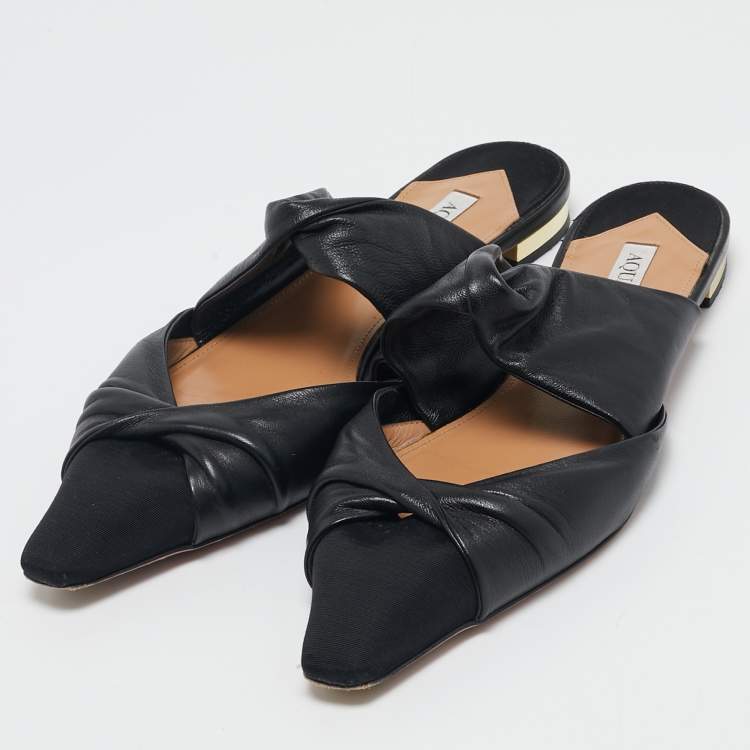 مملوكة مسبقًا Aquazzura Black Leather and Canvas Mondaine Flat Mules Size 38