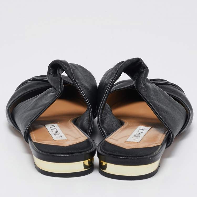 مملوكة مسبقًا Aquazzura Black Leather and Canvas Mondaine Flat Mules Size 38
