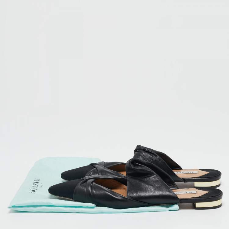 مملوكة مسبقًا Aquazzura Black Leather and Canvas Mondaine Flat Mules Size 38