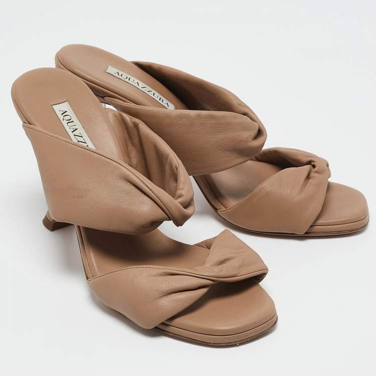 Pre Owned Aquazzura Brown Leather Twist Slide Sandals Size 39.5 