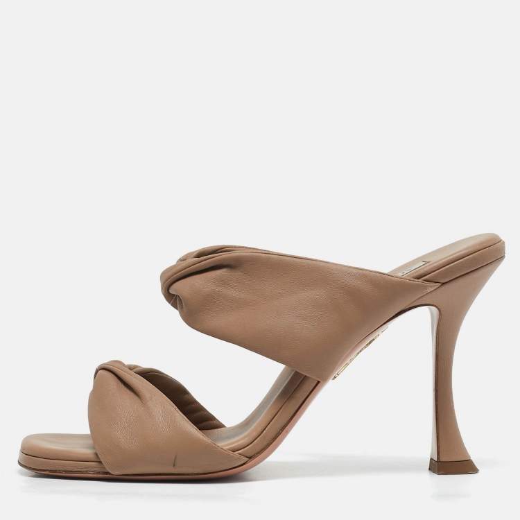 Pre Owned Aquazzura Brown Leather Twist Slide Sandals Size 39.5 