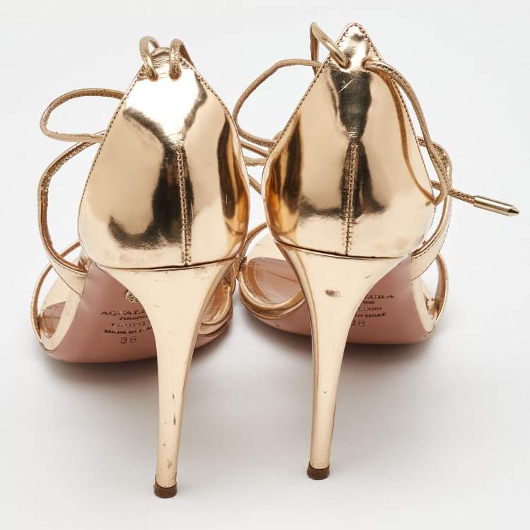 Pre Owned Aquazzura Gold Leather Linda Ankle Strap Sandals Size 38