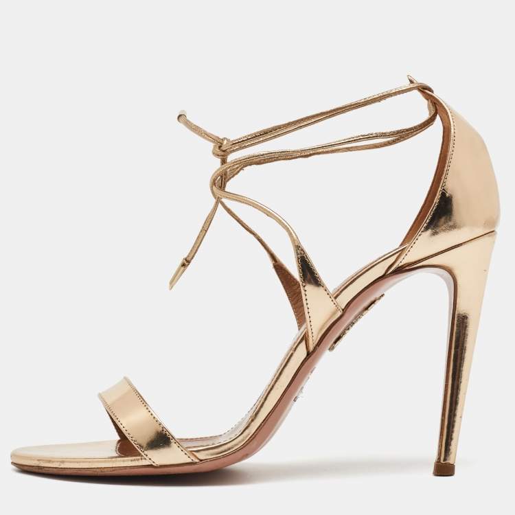 Pre Owned Aquazzura Gold Leather Linda Ankle Strap Sandals Size 38