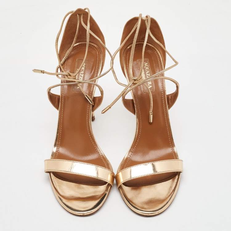 Pre Owned Aquazzura Gold Leather Linda Ankle Strap Sandals Size 38