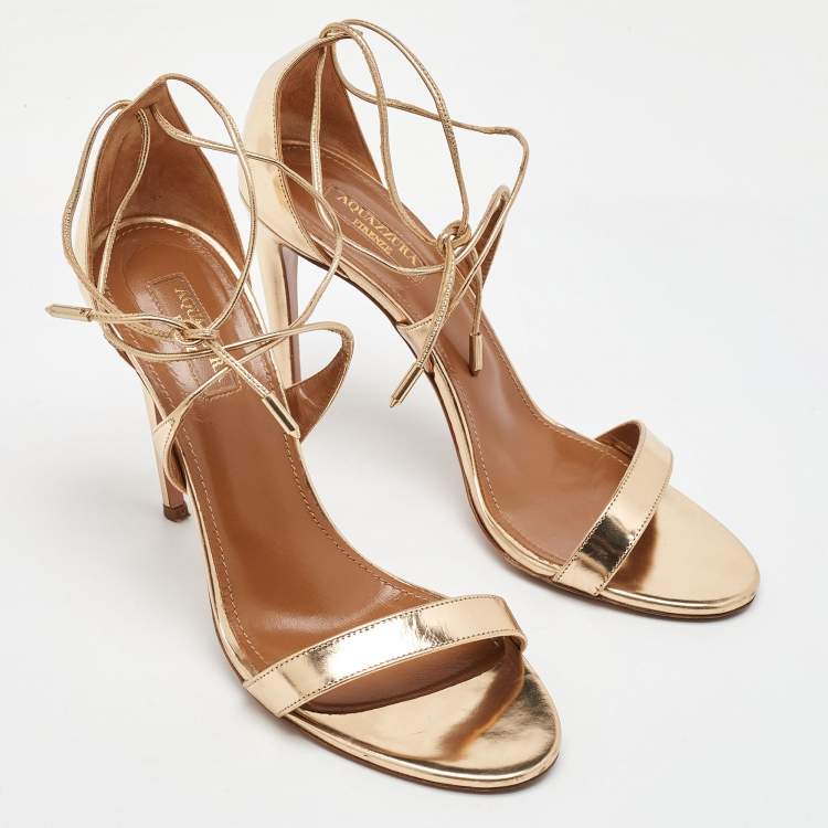 Pre Owned Aquazzura Gold Leather Linda Ankle Strap Sandals Size 38