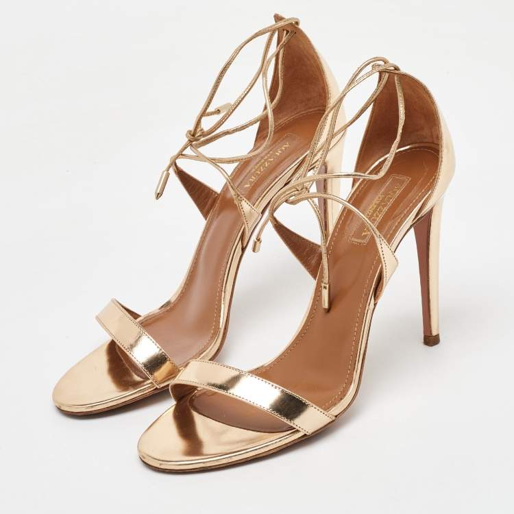 Pre Owned Aquazzura Gold Leather Linda Ankle Strap Sandals Size 38