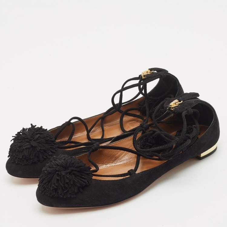Pre Owned Aquazzura Black Suede Sunshine Ankle Tie Flats Size 37