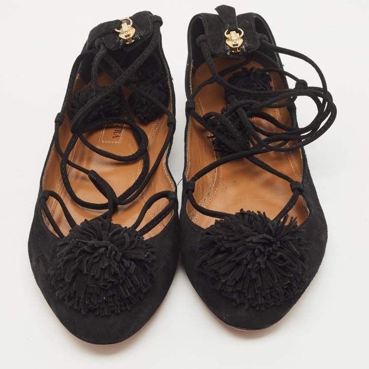 Pre Owned Aquazzura Black Suede Sunshine Ankle Tie Flats Size 37