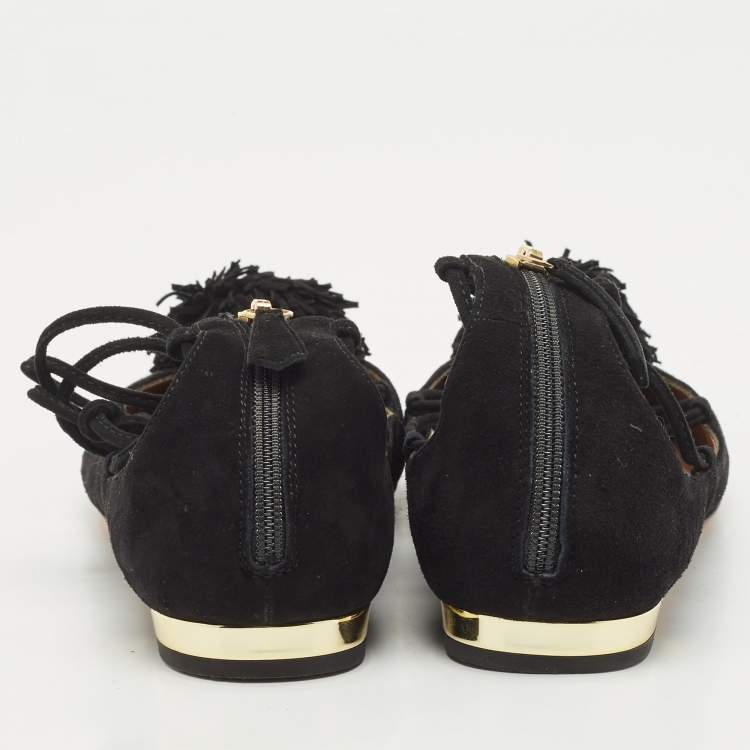 Pre Owned Aquazzura Black Suede Sunshine Ankle Tie Flats Size 37