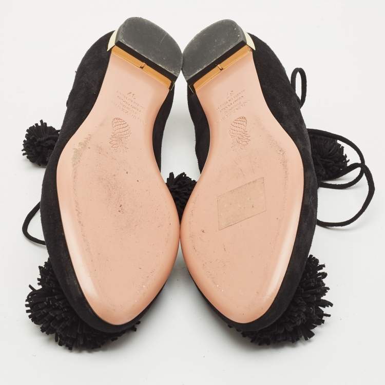 Pre Owned Aquazzura Black Suede Sunshine Ankle Tie Flats Size 37