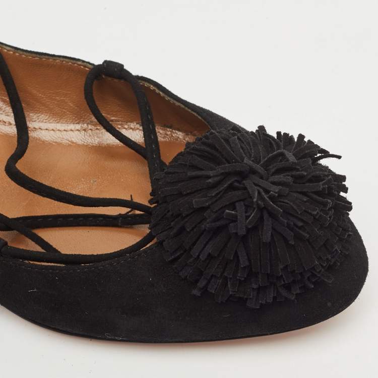 Pre Owned Aquazzura Black Suede Sunshine Ankle Tie Flats Size 37