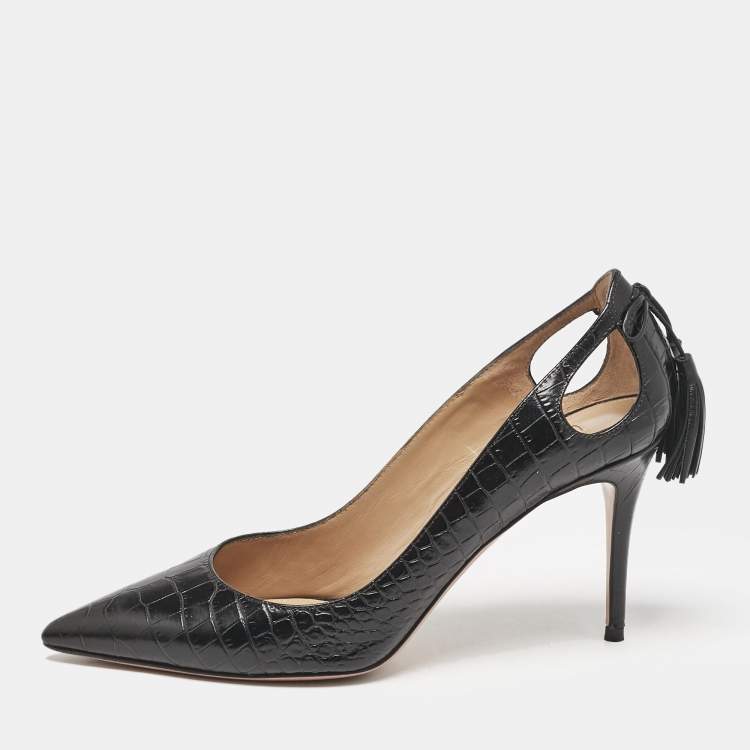 Pre Owned Aquazzura Black Croc Embossed Leather Forever Marilyn Pumps Size 37.5