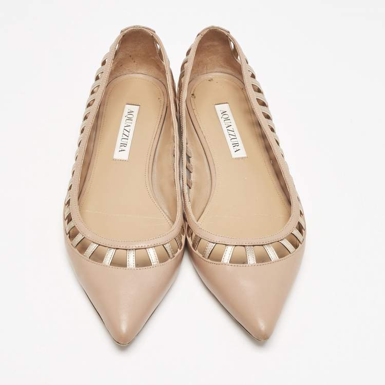 Pre Owned Aquazzura Beige Leather Le Parisien Pointed Toe Ballet Flats Size 38