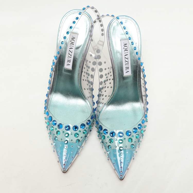 Pre Owned Aquazzura Transparent PVC Crystal Embellished Slingback Pumps Size 37