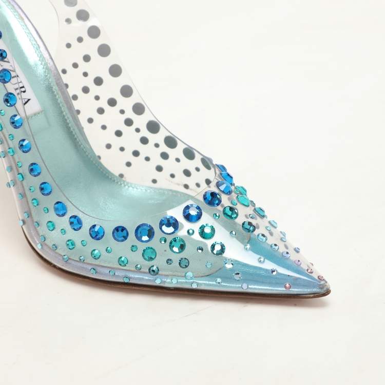 Pre Owned Aquazzura Transparent PVC Crystal Embellished Slingback Pumps Size 37