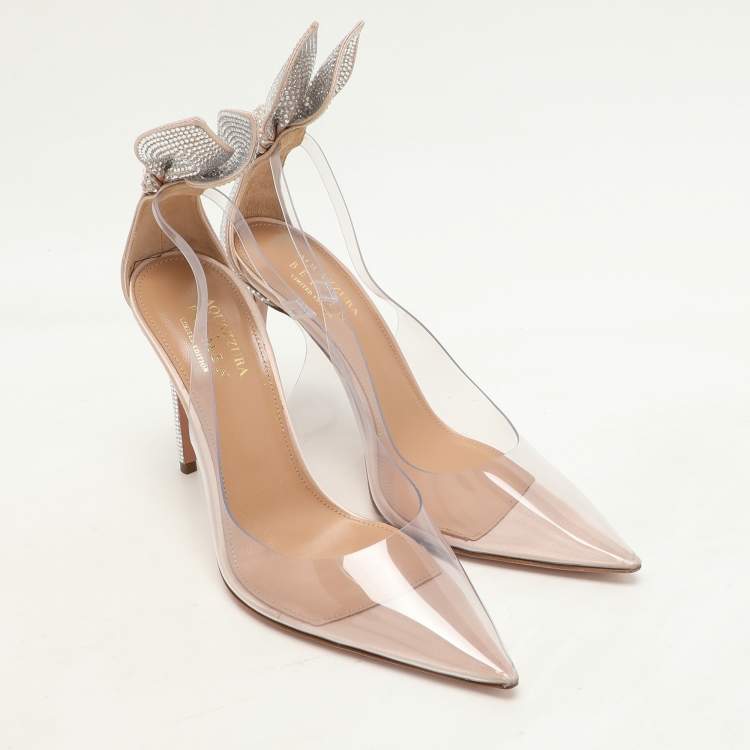 Pre Owned Aquazzura x Beymen Transparent/Beige PVC and Satin Bow Tie Plexi Pumps Size 36.5