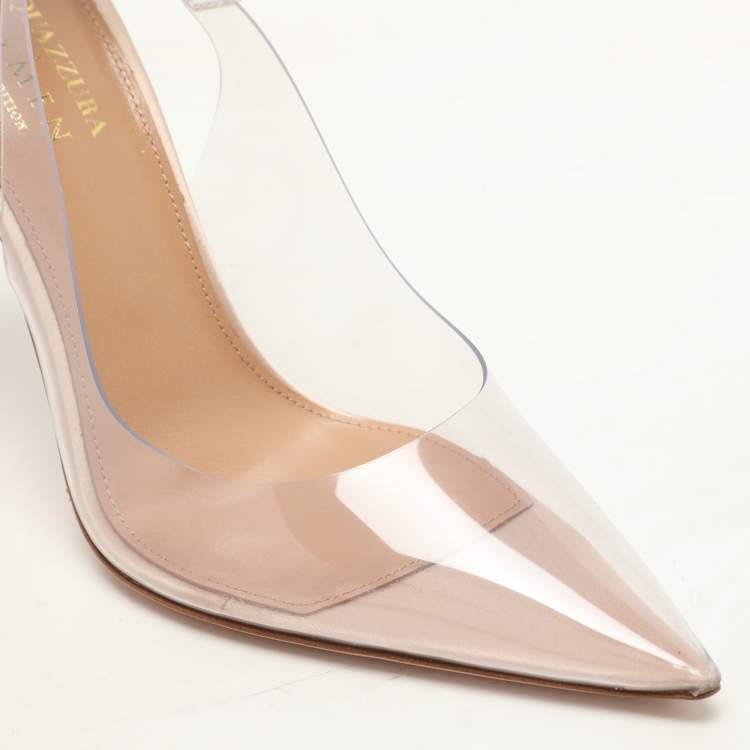 Pre Owned Aquazzura x Beymen Transparent/Beige PVC and Satin Bow Tie Plexi Pumps Size 36.5