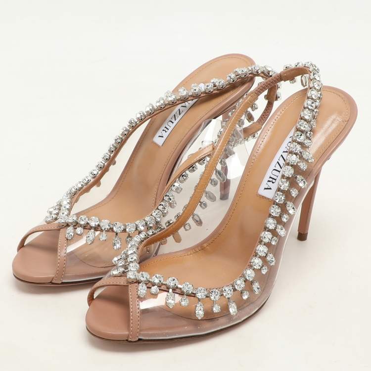 Pre Owned Aquazzura Transparent/Beige Leather and PVC Temptation Pumps Size 37.5