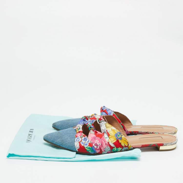 Pre Owned Aquazzura Multicolor Floral Fabric and Denim Mondaine Flat Mules Size 39