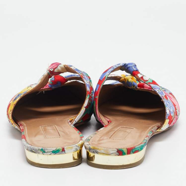 Pre Owned Aquazzura Multicolor Floral Fabric and Denim Mondaine Flat Mules Size 39