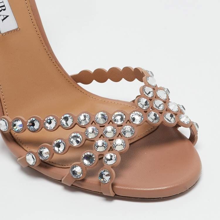 Pre Owned Aquazzura Pink Leather Crystal Embellished Tequila Sandals Size 38.5