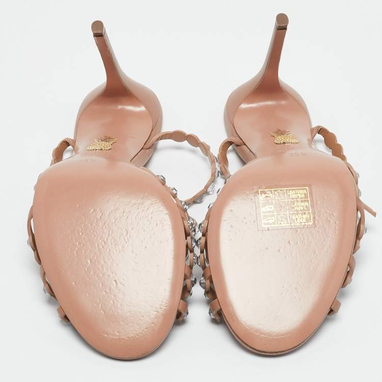 Pre Owned Aquazzura Pink Leather Crystal Embellished Tequila Sandals Size 38.5