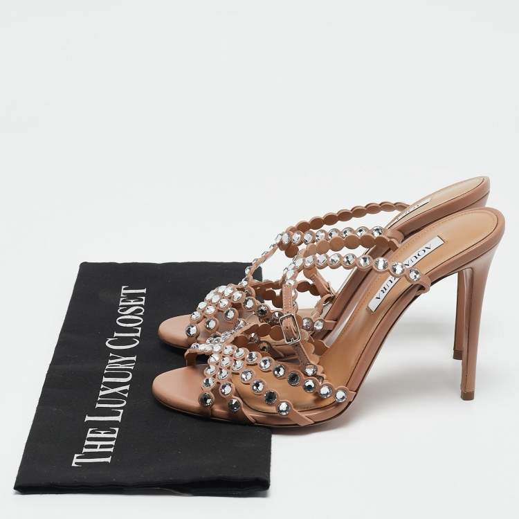 Pre Owned Aquazzura Pink Leather Crystal Embellished Tequila Sandals Size 38.5