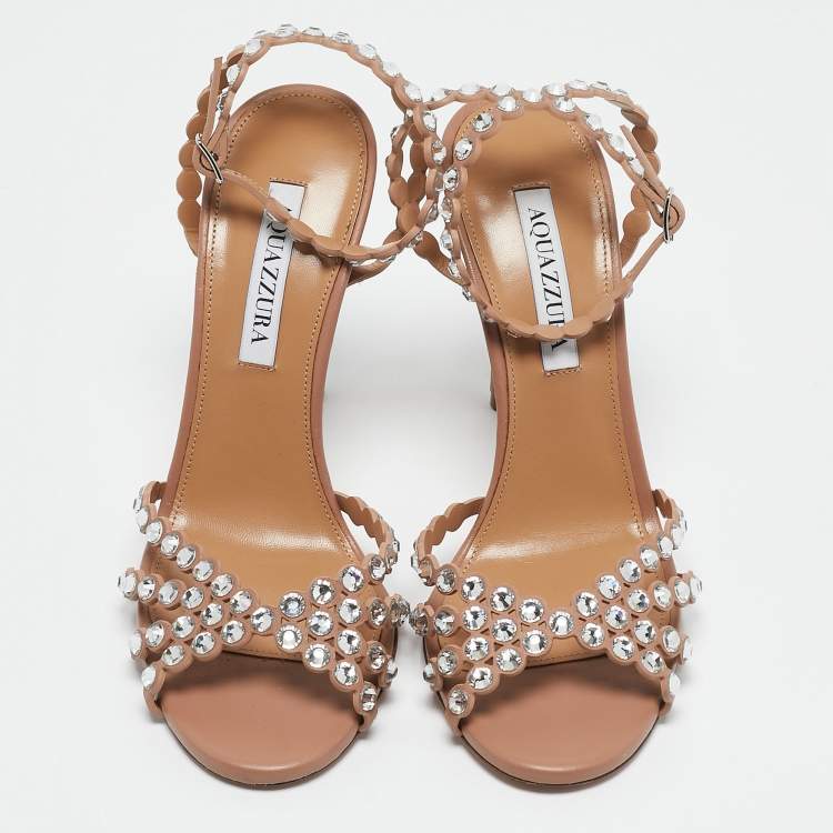 Pre Owned Aquazzura Pink Leather Crystal Embellished Tequila Sandals Size 38.5