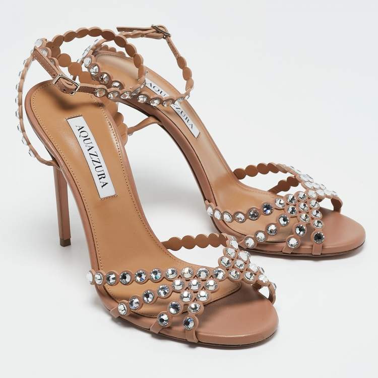 Pre Owned Aquazzura Pink Leather Crystal Embellished Tequila Sandals Size 38.5