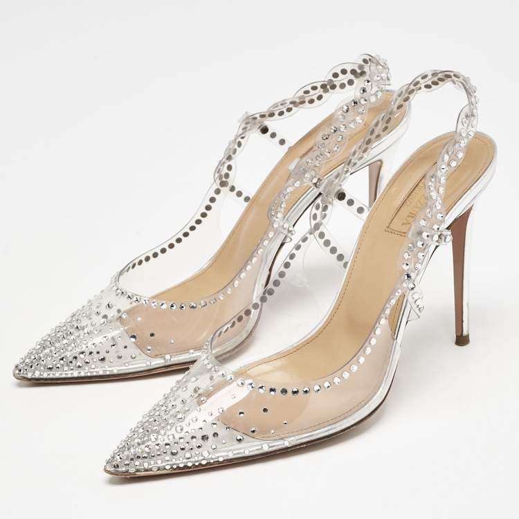 Pre Owned Aquazzura Transparent PVC Crystal Embellished Heaven Slingback Pumps Size 38