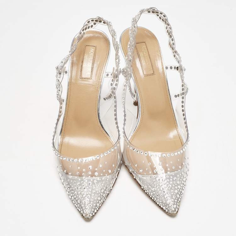 Pre Owned Aquazzura Transparent PVC Crystal Embellished Heaven Slingback Pumps Size 38