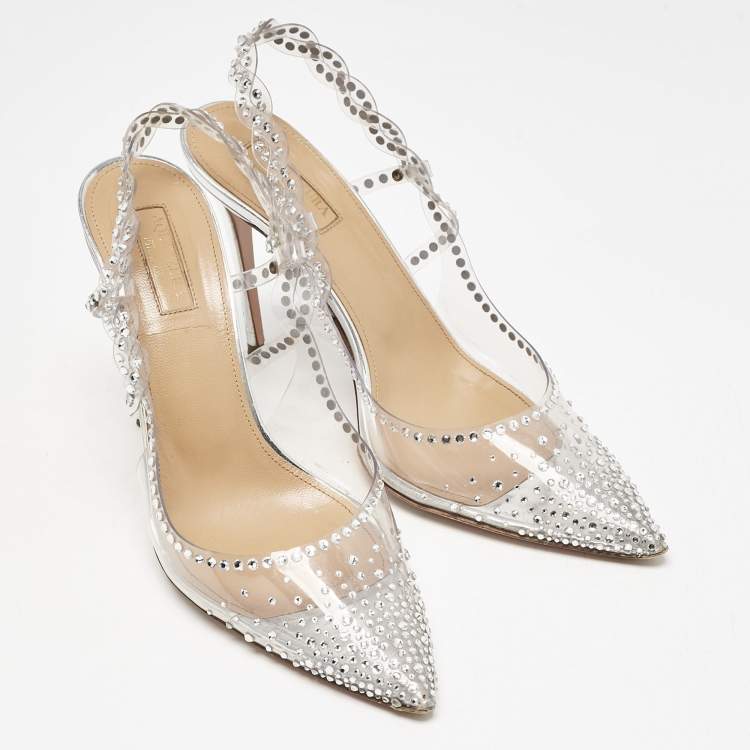 Pre Owned Aquazzura Transparent PVC Crystal Embellished Heaven Slingback Pumps Size 38