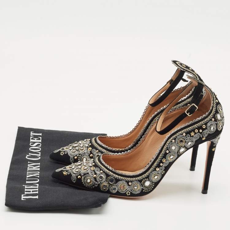 Pre Owned Aquazzura Black Suede Embroidered Jaipur Pointed Toe Ankle Strap Pumps Size 37