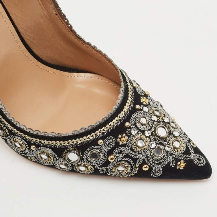 Pre Owned Aquazzura Black Suede Embroidered Jaipur Pointed Toe Ankle Strap Pumps Size 37