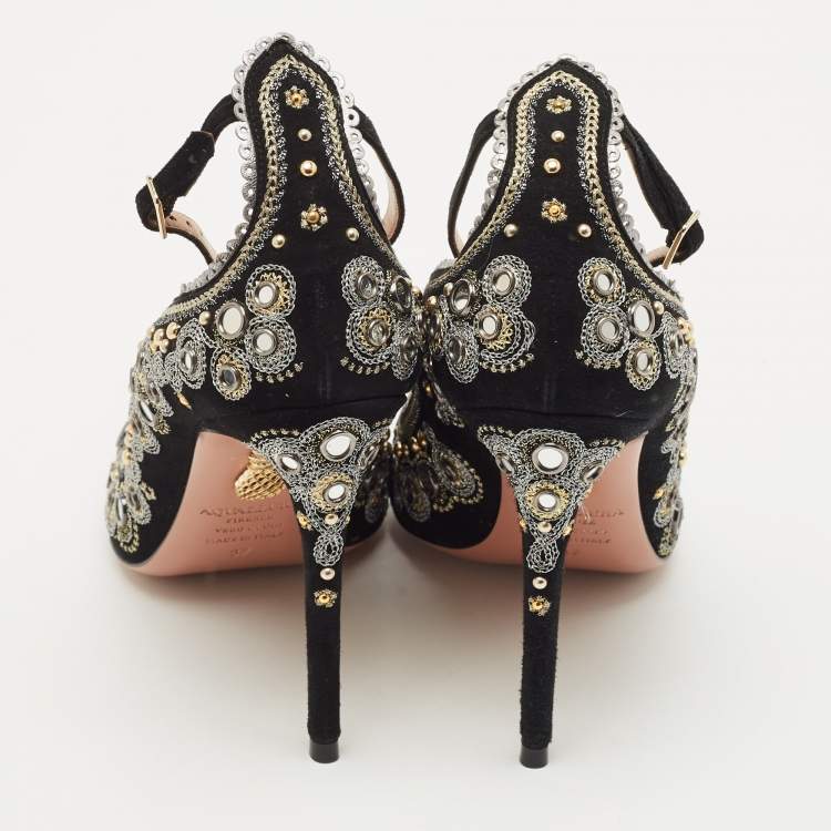 Pre Owned Aquazzura Black Suede Embroidered Jaipur Pointed Toe Ankle Strap Pumps Size 37