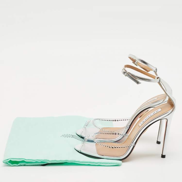 Pre Owned Aquazzura Transparent/Silver PVC and Leather Ray Of Light Sandals Size 37